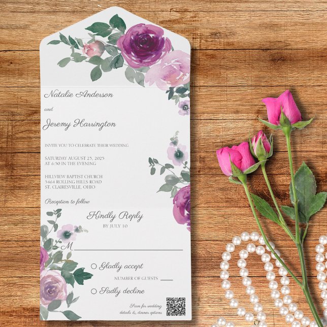 Invitación Todo En Uno Rosas rosas y fucsia en código QR blanco (Subido por el creador)