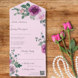 Invitación Todo En Uno Rosas rosas y fucsia en código QR rosado
