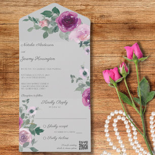 Invitación Todo En Uno Rosas rosas y fucsia en el código QR gris