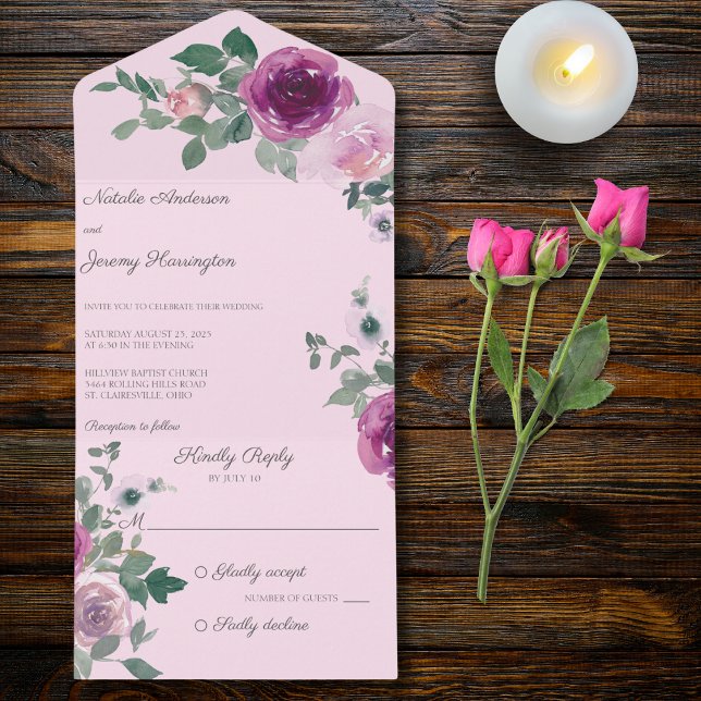 Invitación Todo En Uno Rosas rosas y fucsia en rosa (Also available with QR code)