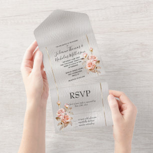 Invitación Todo En Uno Rosas Rubor Pink Gold Cuero blanco