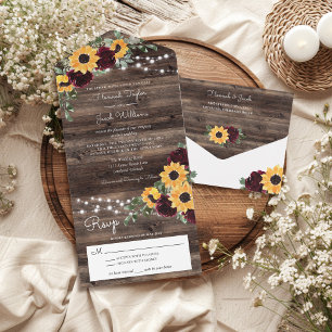 Invitación Todo En Uno Rosas rusos de girasoles Boda de Wood String Light