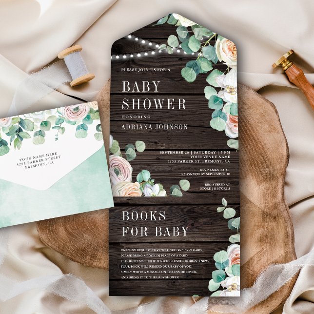 Invitación Todo En Uno Rosas Rustic Wood Soft Eucalyptus Baby Shower (Subido por el creador)