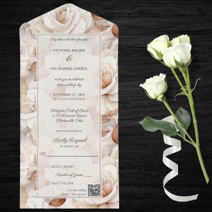 Invitación Todo En Uno Rosas simplistas de marfil y roya Código QR