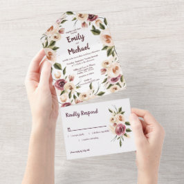 Invitación Todo En Uno Rosas suaves y elegantes marco de crema de borgoña