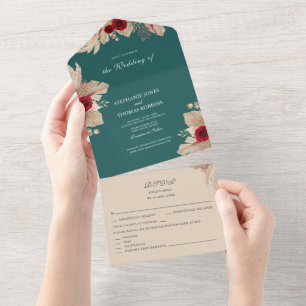 Invitación Todo En Uno Rosas Verdeazul y Burgundy Todas en Una Invitación