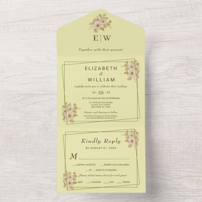 Invitación Todo En Uno Rose Frame – Monogram Celestial Yellow Wedding (Interior)