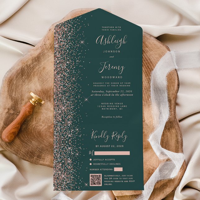 Invitación Todo En Uno Rose Gold Glitter Dark Green QR Code Wedding (Subido por el creador)