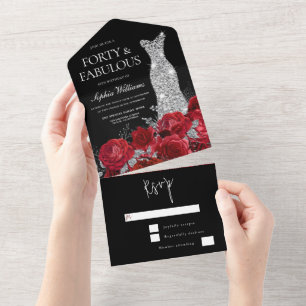 Invitación Todo En Uno Roses rojas Diamante vestido negro 40 Fiesta de cu