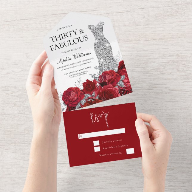 Invitación Todo En Uno Roses Rojas Diamante vestido vestido vestido vesti (desgarro)