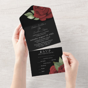 Invitación Todo En Uno Roses rojos color agua en negro moreno