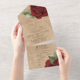 Invitación Todo En Uno Roses rojos sobre el Boda de papel de pergamino ru