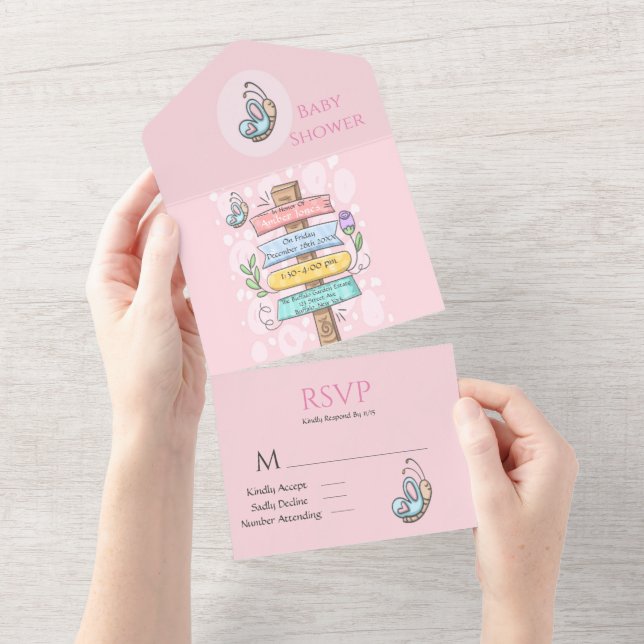 Invitación Todo En Uno Rótulo floral de mariposa cutánea Baby Shower rosa (desgarro)