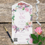 Invitación Todo En Uno Rótulo roánico de marco floral rojizo QR<br><div class="desc">DISPONIBLE CON O SIN CÓDIGO QR PARA ESCALAR EN EL ÁREA RSVP. Este diseño presenta un marco ovalado floral de lilas moradas y rosas, rosas y otras flores complementadas con eucalipto y vegetación. Un pájaro dulce bordea la corona de flores. Agregue un código QR a su invitación para que los...</div>
