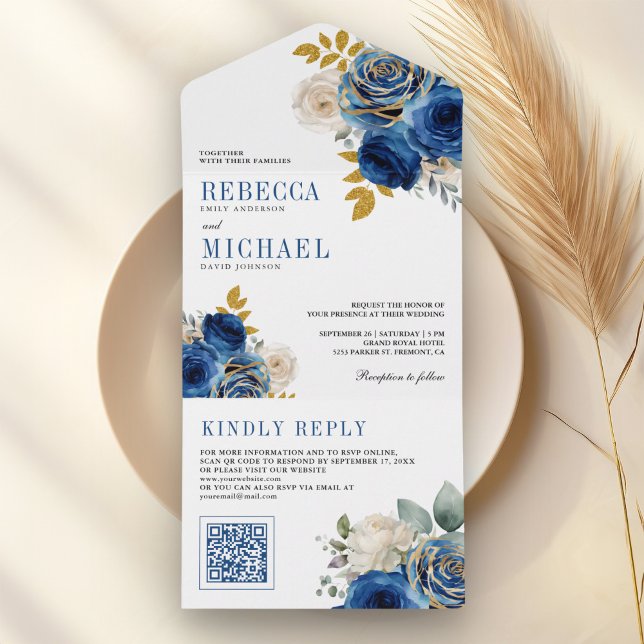 Invitación Todo En Uno Royal Blue Roses Floral QR Code Wedding (Subido por el creador)