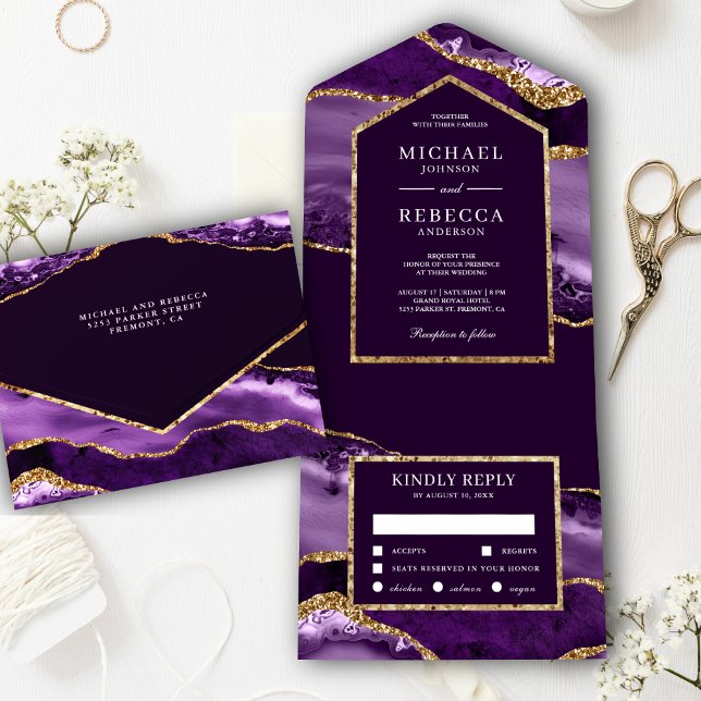 Invitación Todo En Uno Royal Purple and Gold Agate Marble Wedding (Subido por el creador)