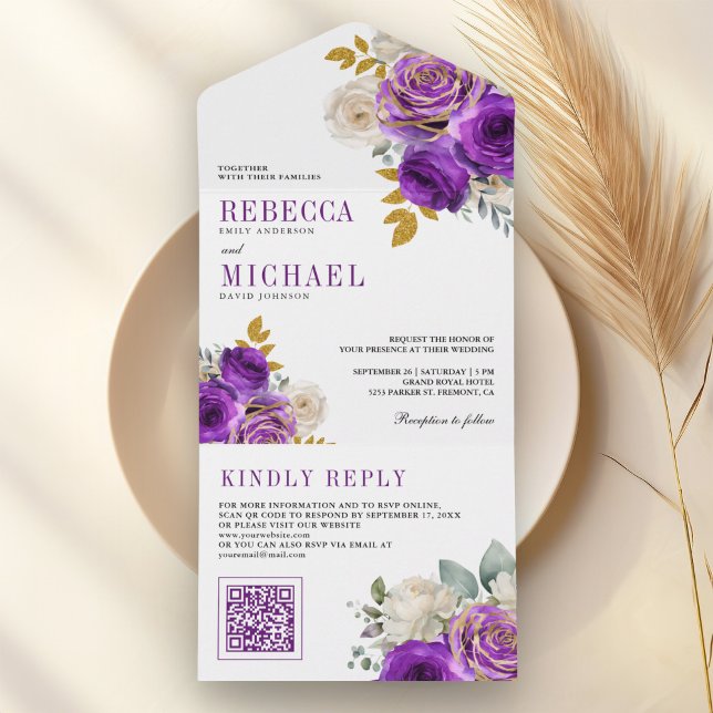Invitación Todo En Uno Royal Purple Roses Floral QR Code Wedding (Subido por el creador)