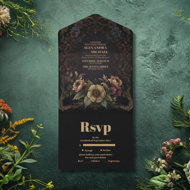 Invitación Todo En Uno Royal Victorian Gothic Floral Boda (Subido por el creador)