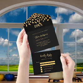 Invitación Todo En Uno Rsvp año de cumpleaños del confetti dorado negro