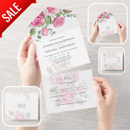 Invitación Todo En Uno RSVP Boda de Rosas PINK todo incluido