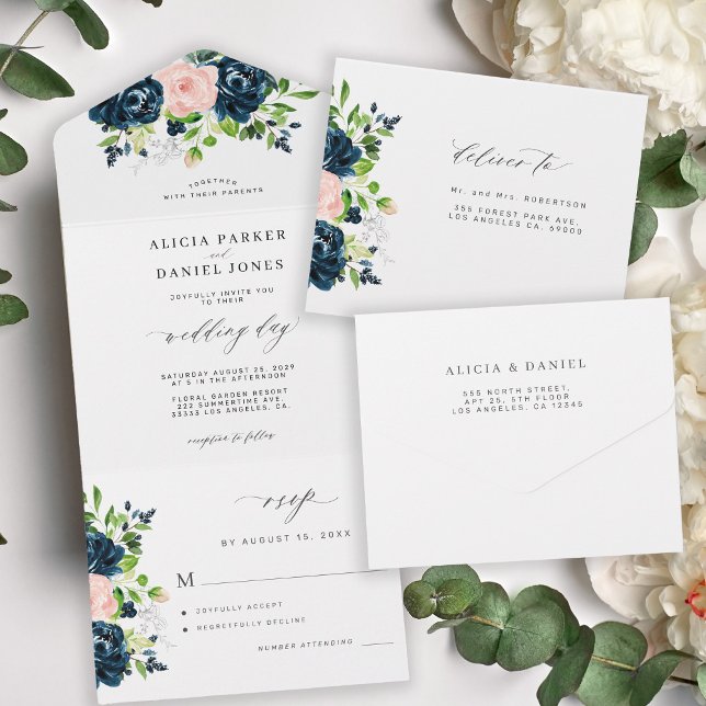 Invitación Todo En Uno RSVP boda rústica floral elegante de caligrafía (Subido por el creador)