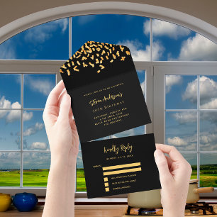 Invitación Todo En Uno Rsvp cumpleaños de confetti dorado negro