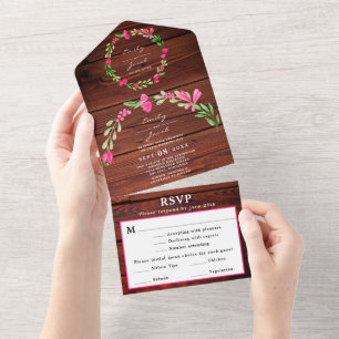 Invitación Todo En Uno RSVP de boda campestre floral rosa de madera marró