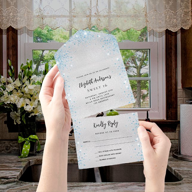 Invitación Todo En Uno Rsvp de cumpleaños azul plateado (Subido por el creador)