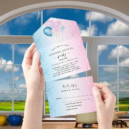 Invitación Todo En Uno RSVP de globos rosa azul fiesta revelar género
