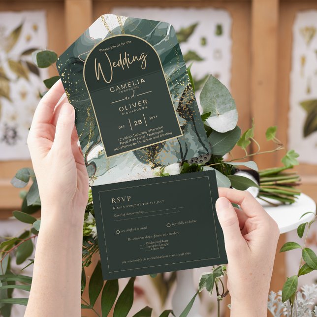 Invitación Todo En Uno RSVP de la boda de oro verde esmeralda (Subido por el creador)