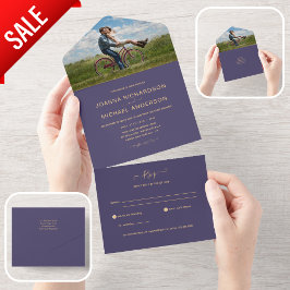 Invitación Todo En Uno RSVP de la FOTO de la boda de la lavadora púrpura