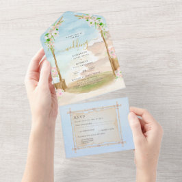 Invitación Todo En Uno RSVP MENU de bodas de boho en la costa de playa