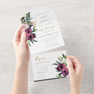 INVITACIÓN TODO EN UNO RUBOR BURGUNDY FLORAL BUNCH WATERCOLOR BODA TODO