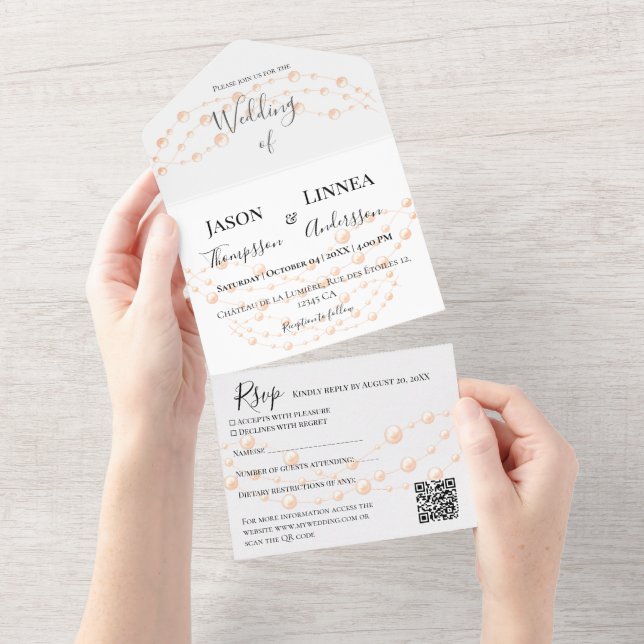 Invitación Todo En Uno Rubor de marfil moderno Boda neutral de Pearl romá (desgarro)