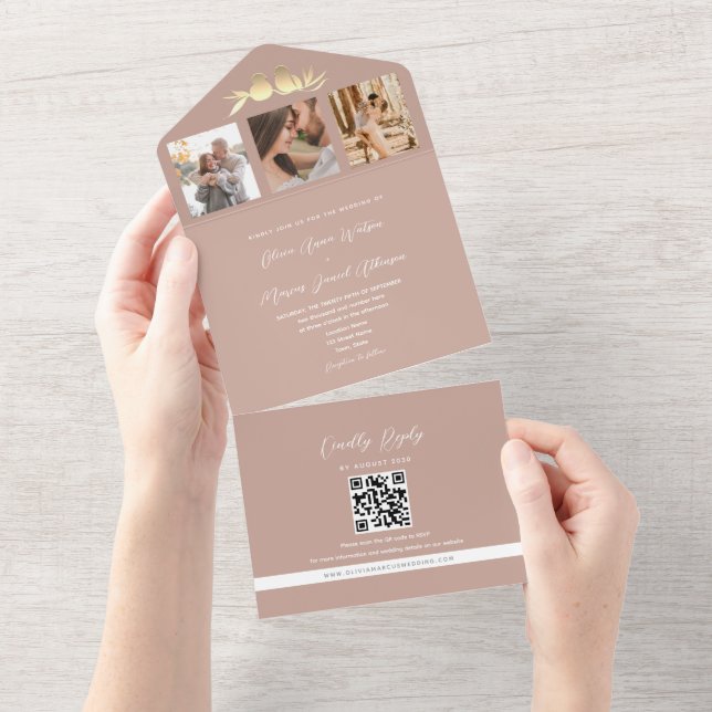 Invitación Todo En Uno Rubor Gold Lovebirds Foto Boda de código QR (desgarro)