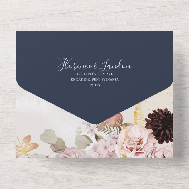 Invitación Todo En Uno Rubor moderno | Marble Marble Sello De Marco Y Env (Reverso )