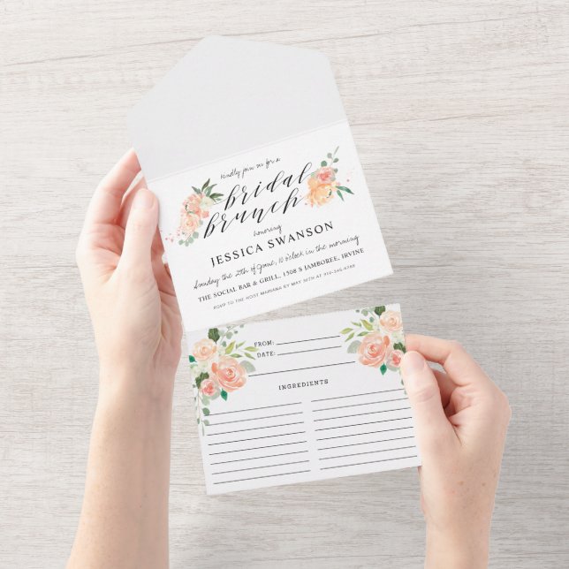 Invitación Todo En Uno Rubor Peach Spring Floral Bridal Brunch y Receta (desgarro)