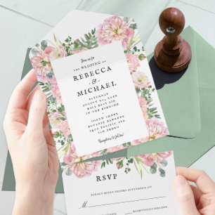 Invitación Todo En Uno Rubor Peonies Hydrangea Eucalyptus Boda
