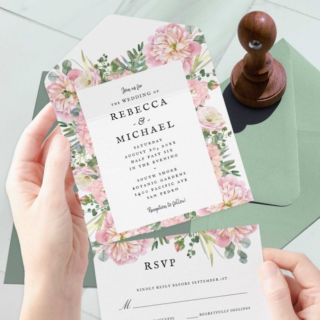Invitación Todo En Uno Rubor Peonies Hydrangea Eucalyptus Boda (Subido por el creador)