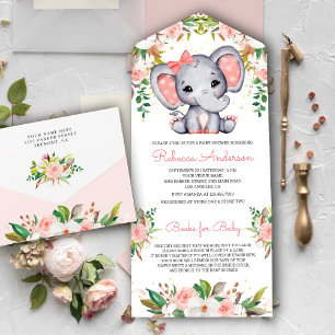 Invitación Todo En Uno Rubor Pink Floral Cute Elephant Baby Shower