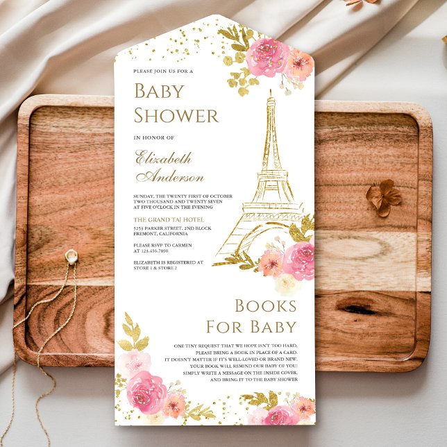 Invitación Todo En Uno Rubor Pink Floral Gold Eiffel Tower Baby Shower (Subido por el creador)