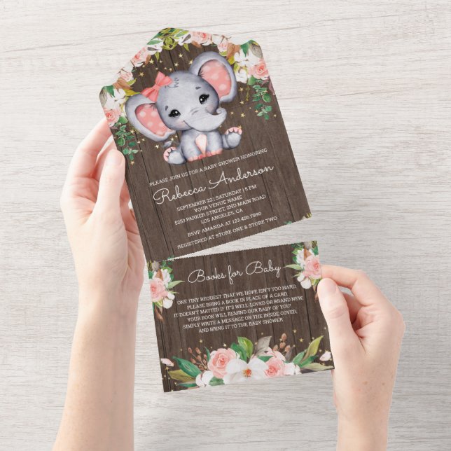 Invitación Todo En Uno Rubor Pink Floral Wood Cute Elephant Baby Shower (desgarro)