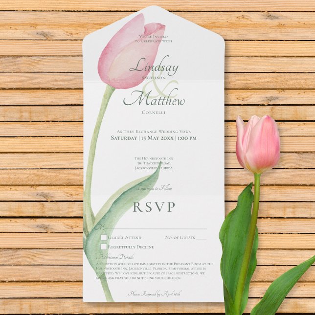 Invitación Todo En Uno Rubor Pink Tulip Solo Moderno Sin Cena con Detalle (Blush Pink Tulip Solo Modern No Dinner w/ Details All In One Invitation)