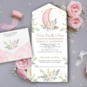 Invitación Todo En Uno Rubor Rústico Rosa Marfil Floral Moon Baby Shower