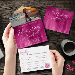 Invitación Todo En Uno Ruby Boda 40ª foto opción de código QR RSVP