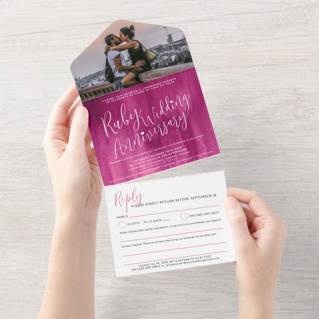 Invitación Todo En Uno Ruby Boda 40ª opción de solicitud de música fotogr (desgarro)