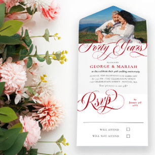 Invitación Todo En Uno Ruby Red Swirls Foto 40º aniversario del Boda