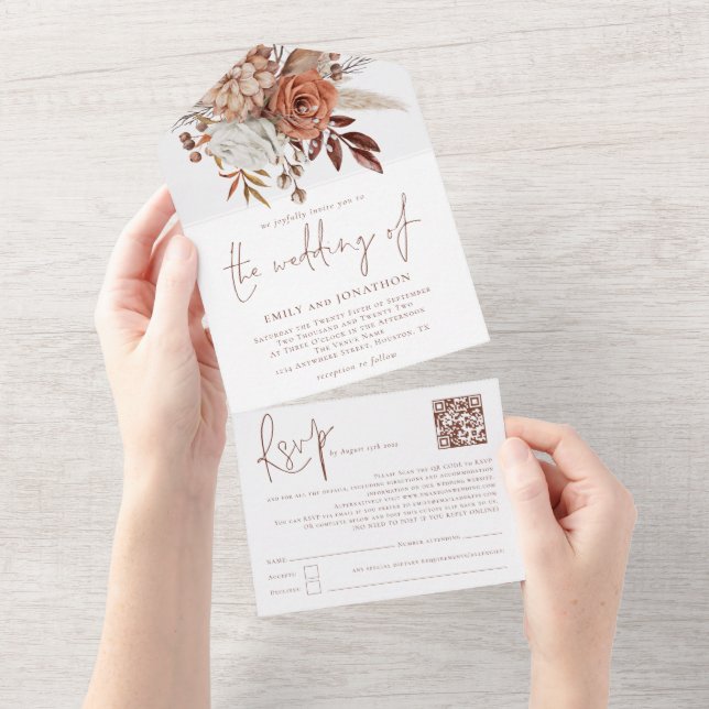 Invitación Todo En Uno Ruedas Boho Florals Brown escribiendo QR (desgarro)