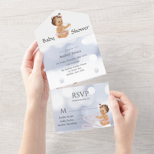Invitación Todo En Uno Ruffles Cute Chica con Pearls Baby Shower (desgarro)