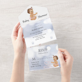 Invitación Todo En Uno Ruffles Cute Chica con Pearls Baby Shower